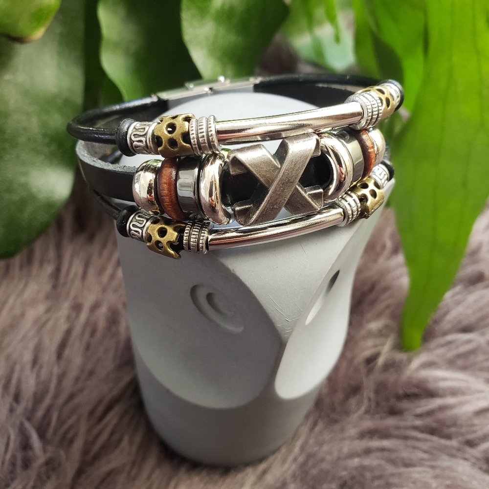 NWT Layered Leather Bracelet Stainless Steel Buckle Whimsigoth Grunge Brown